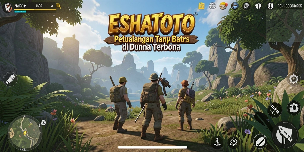 Screenshot gameplay ESHATOTO menampilkan eksplorasi dunia yang luas dan berwarna.