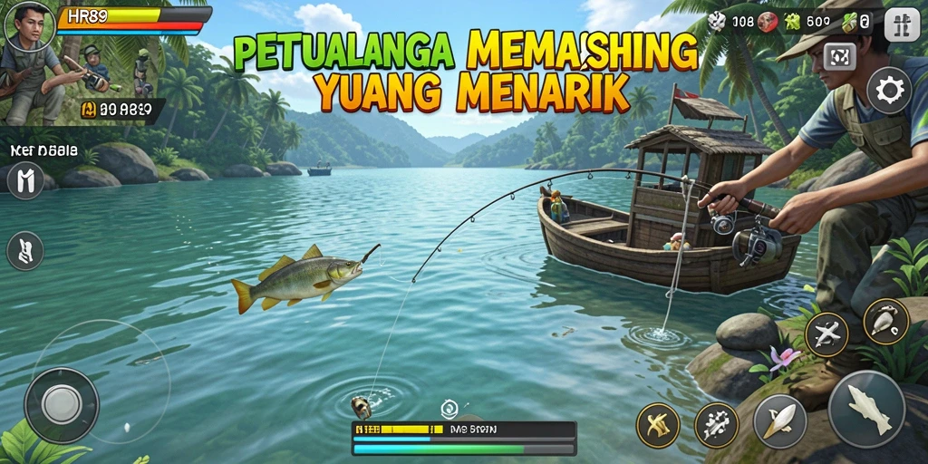 Skrinsut gameplay HR89 yang menampilkan pengalaman memancing yang seru.