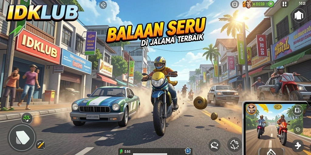 Screenshot gameplay IDKLUB menampilkan aksi balapan intens dengan mobil cepat.